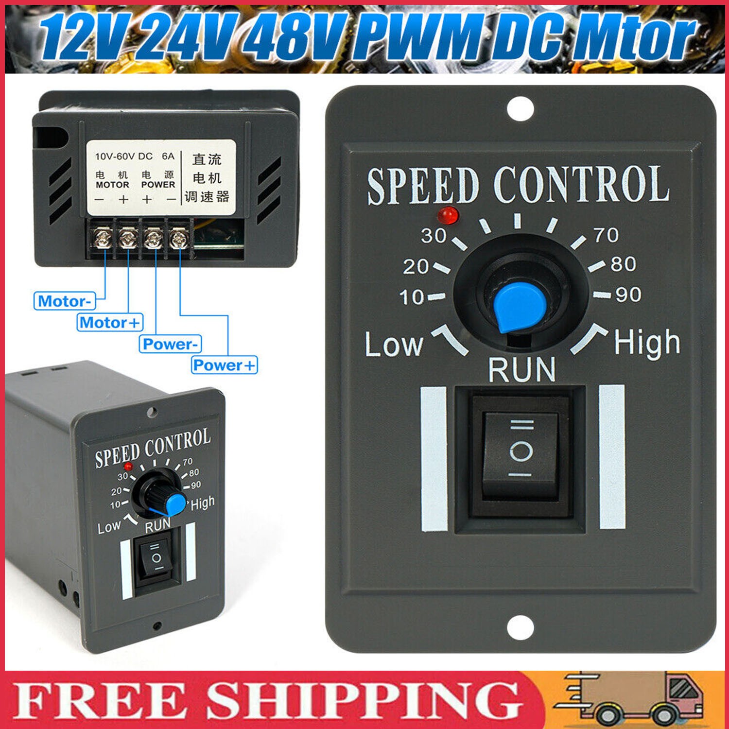10-60V 6A PWM DC Motor Speed Controller Regulator PLC 15A Governor Volt