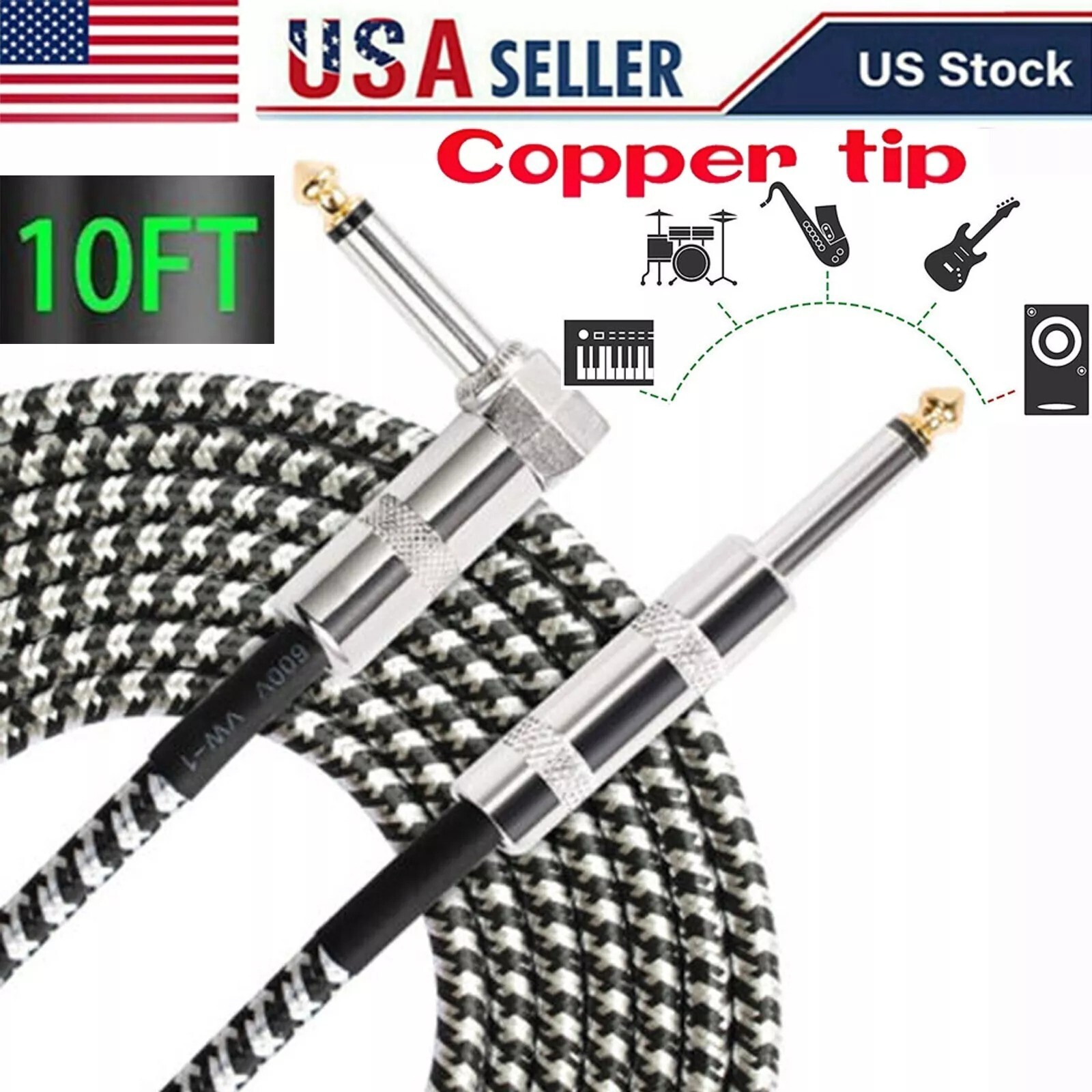 10ft NOISELESS Electric Guitar Bass Cable Pedal AMP Cord 1/4" For GIBSON FENDER
