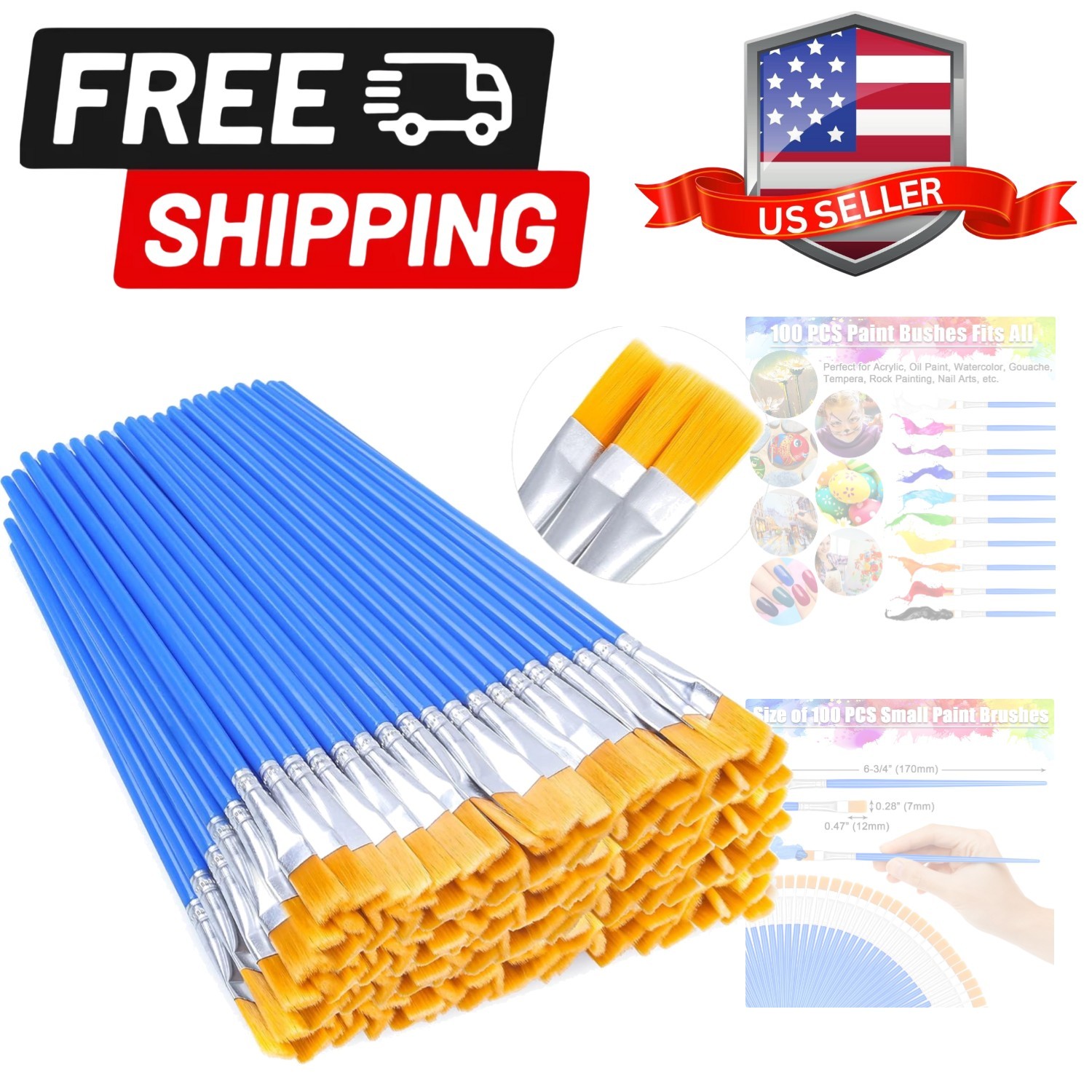 100Pcs Small Paint Brushes Bulk, Flat Top Acrylic Classroom Brush for Kids Mi...