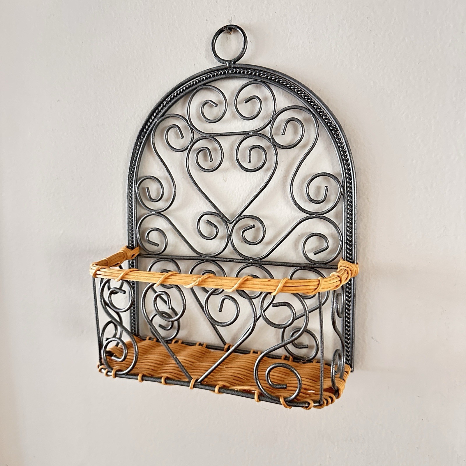 Small Wall Basket Metal and Wicker Scroll Decor