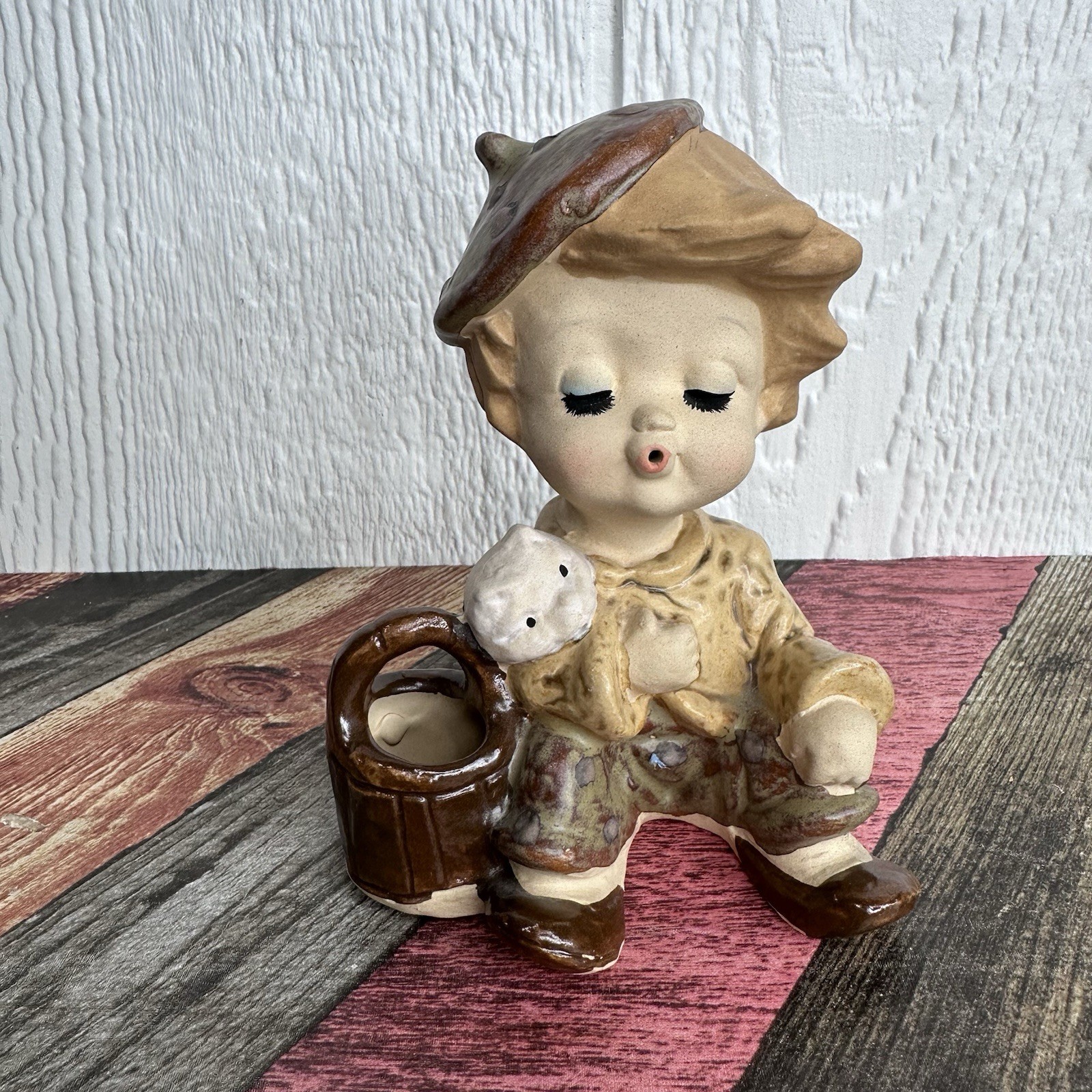 UC CTI Japan  Vase Planter Boy Holding Pet Cat Vintage