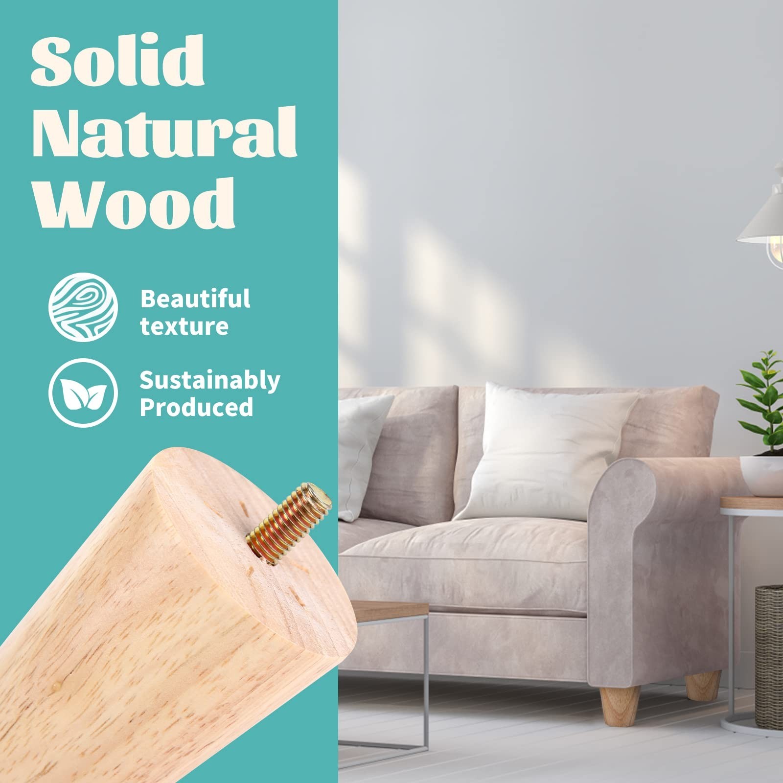 8 Pieces Furniture Couch Legs 2 Inch Round Solid Wood Sofa Legs Natural Woode...