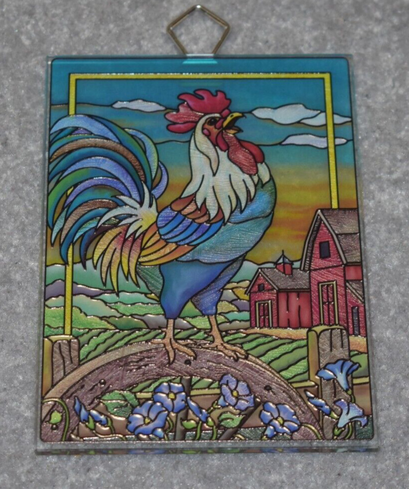 #42929 ROOSTER SUNRISE HAND PAINTED GLASS DECOR 3.75" X 5.25"