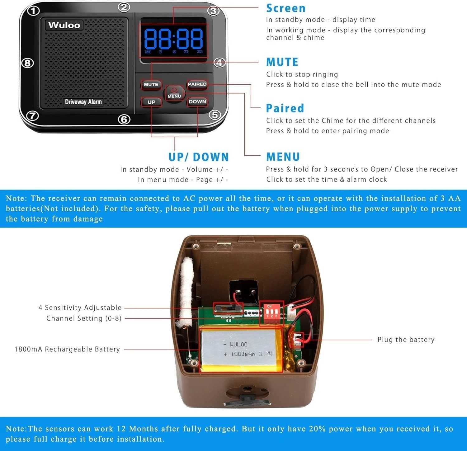 Multi-Functional Wireless Driveway Motion Detector - 1800ft Range, Weatherproof