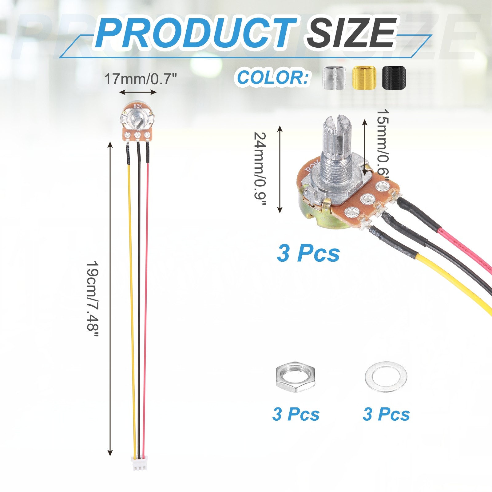3Pcs WH-148 Potentiometer 3Pins B2K±20% Ohm Variable Resistor with 3 Knobs