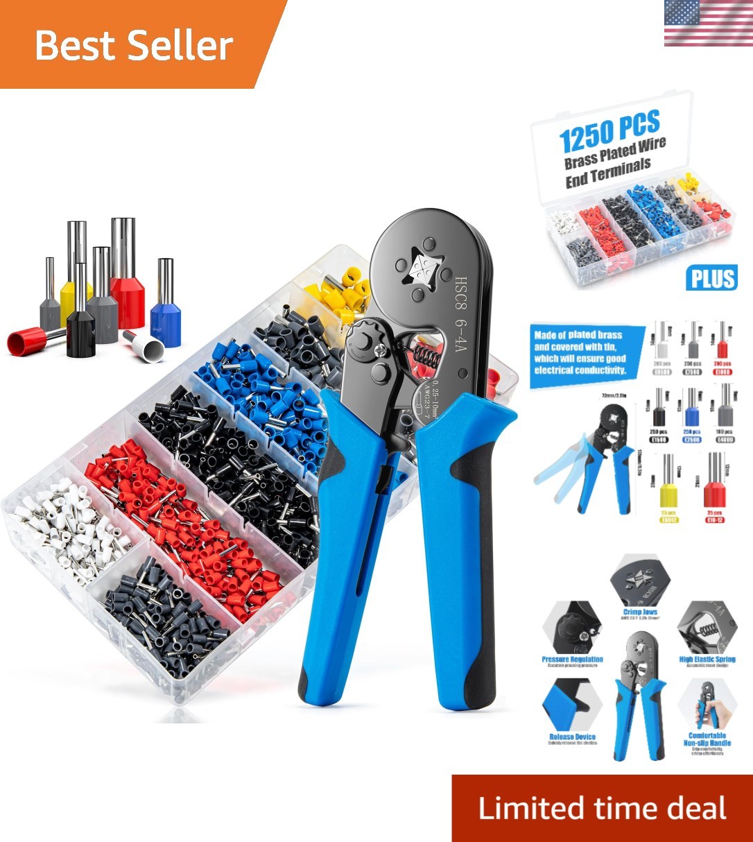 Professional Ferrule Crimping Tool Kit with 1250 Wire End Terminals - 0.25-10mm²