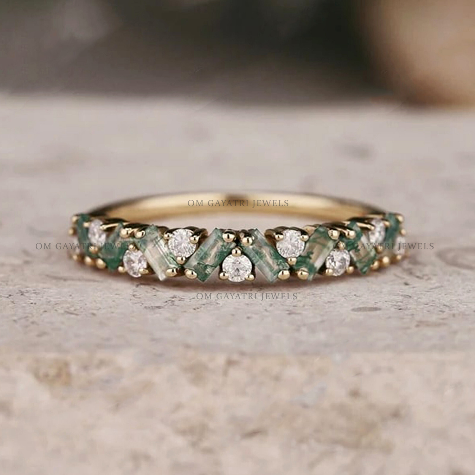 Unique Moss agate 14K Gold Plated Silver Wedding Band Ring 2x4mm Baguette Ring