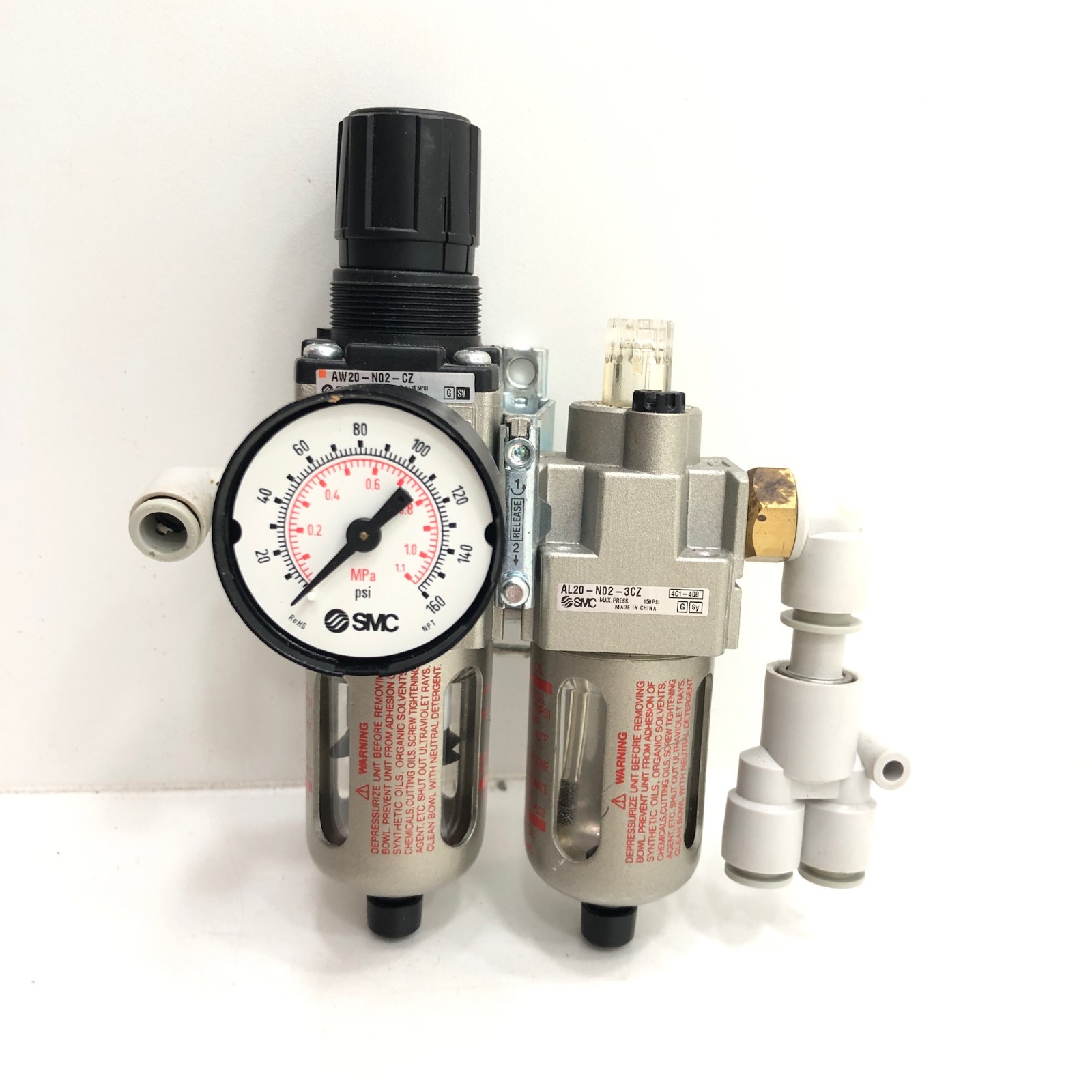 SMC AW20-N02-CZ Filter/Regulator & AL20-N02-3CZ Lubricator, 150 PSI, 1/4 NPT