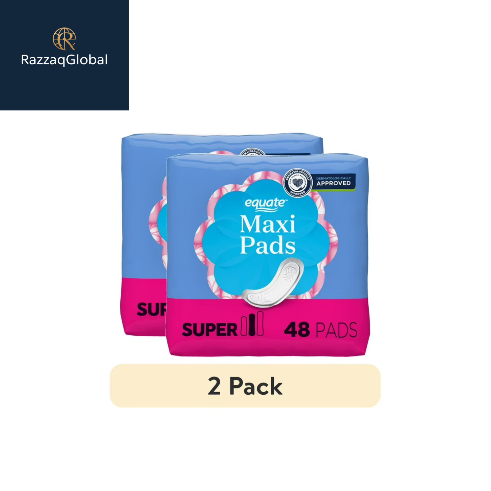2 pk Equate Maxi Pads, Super Protection, Unscented, Compare to Stayfree™ 48 ct