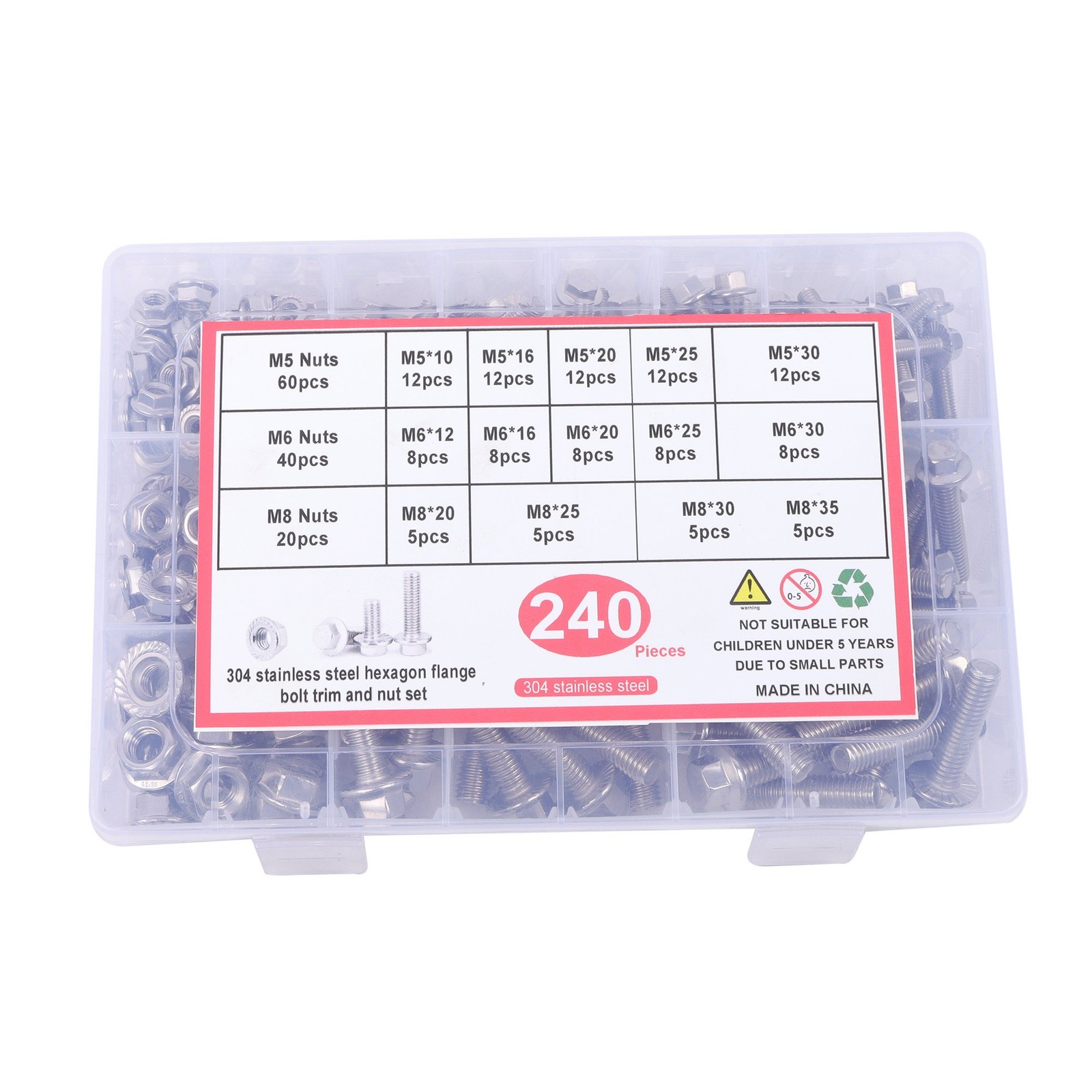 304 Metric Flanged Hex Screws Nuts Flanged Bolts And Nuts Kit M8 M5 M6 240 Pack