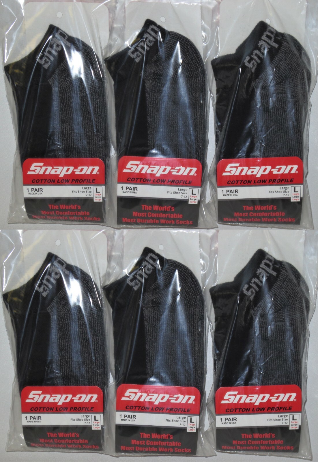 6 PAIRS Snap-On Socks Men's LOW PROFILE BLACK LARGE *FREE SHIP* MADE IN USA *NEW