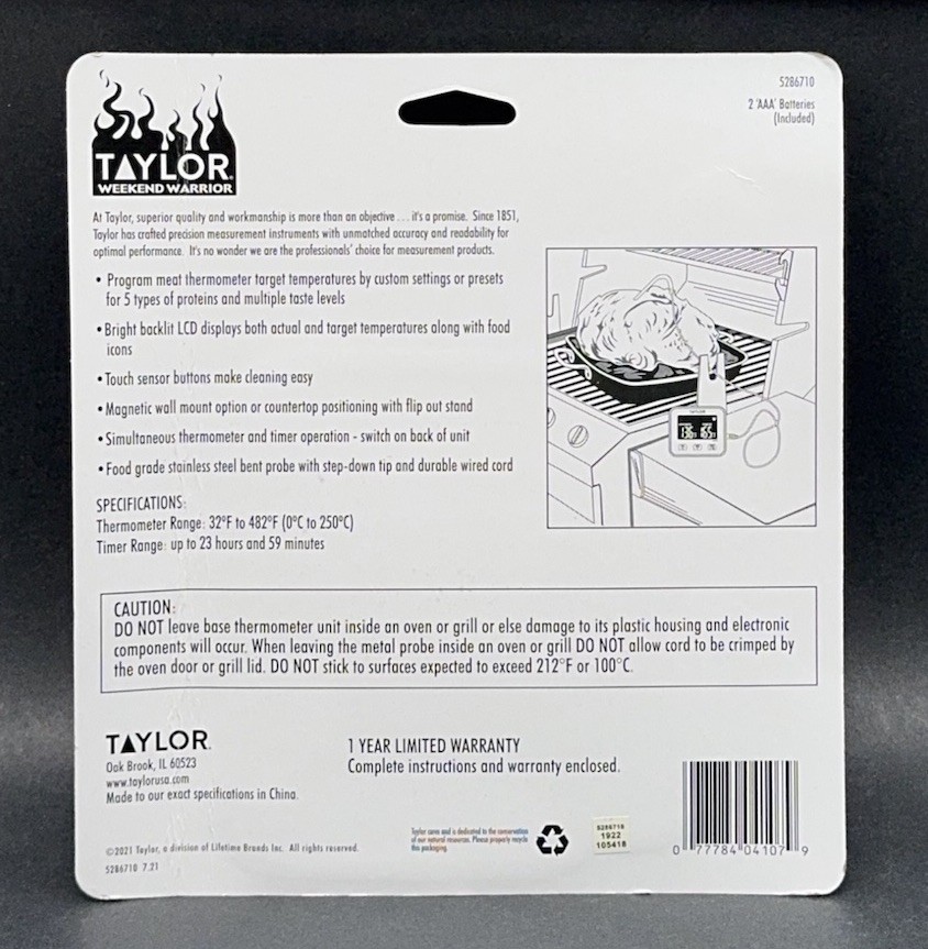 Taylor Programmable Wired Probe Thermometer Timer Digital Meat Grill BBQ 5286710