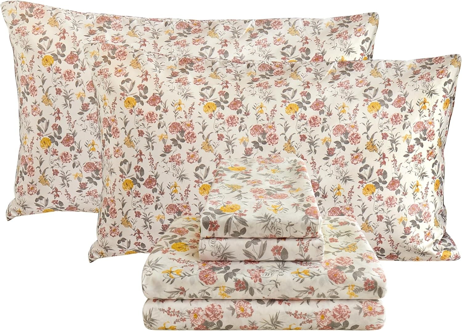 Floral Full Sheet Set - 4 Piece Vintage Pink & Yellow Flower Patterned