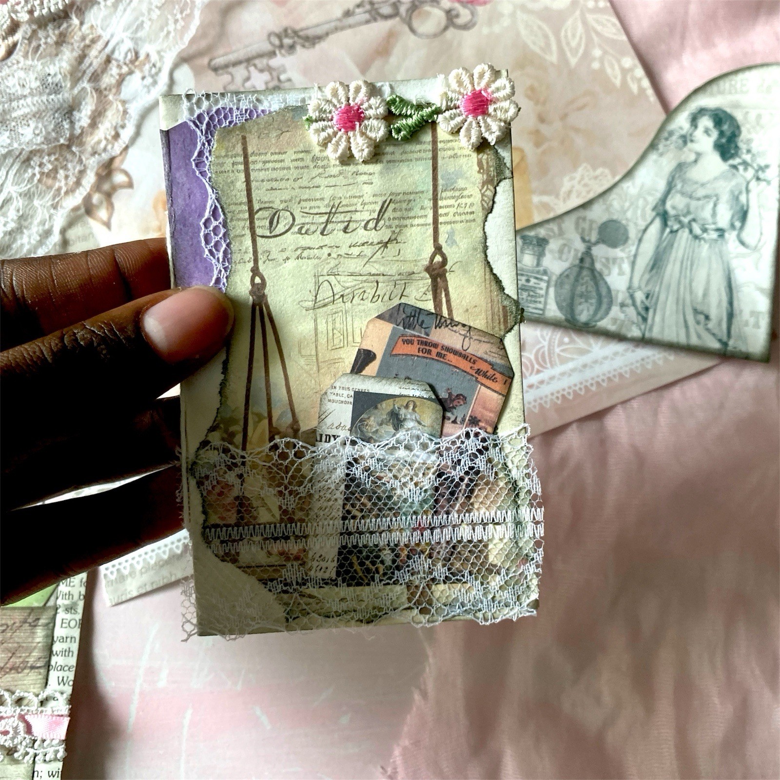 10pc Shabby Chic Handmade Junk Journal Making Kit Ephemera, Lace, Cards, Pockets