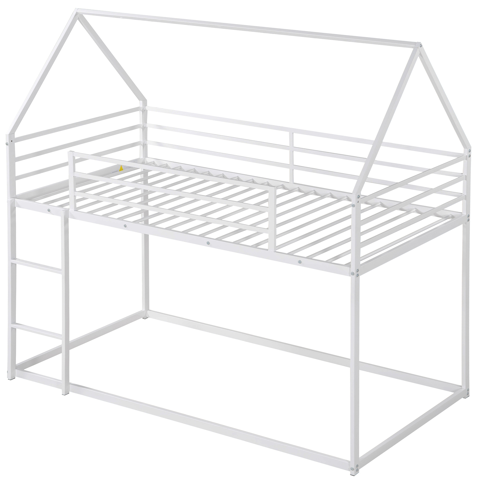Twin over Twin Size House Bunk Bed Frame Built-in Ladder /Guardrail Bedrom White