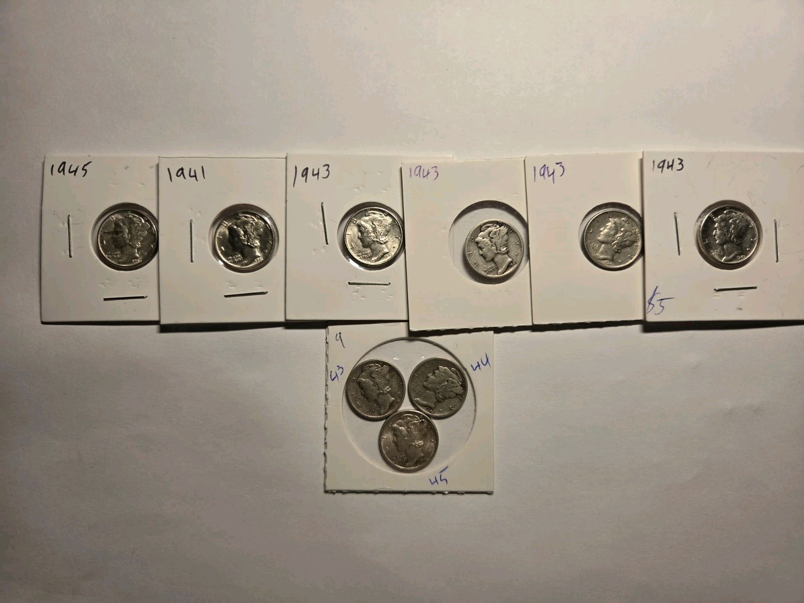 Lot Of 9 Mercury Dimes 1941,1943,1944,1945.