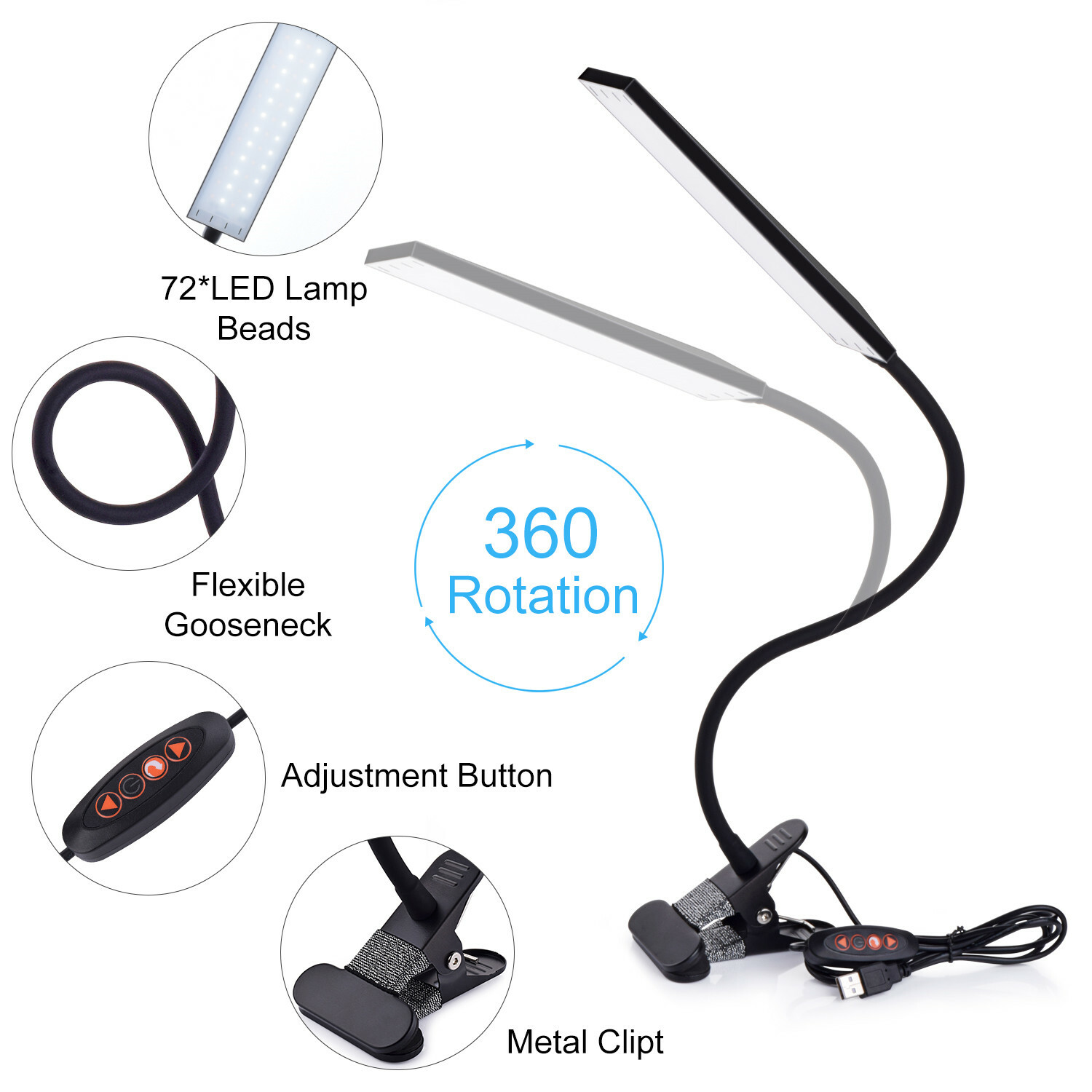 14LED Brightness 310lm Clip-On Book Light Adjustable Diffused Reading Lamp