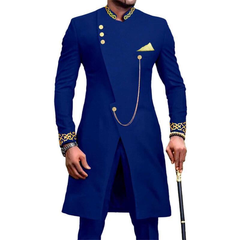 Men Ethnic Style Jacket Pants 2 Piece Set Embroidery African Suits Formal Outfit