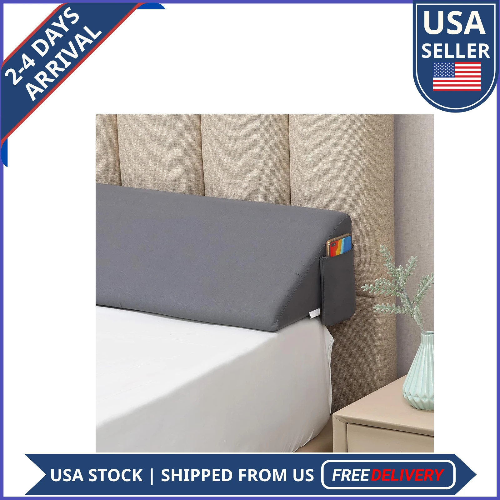 Vekkia Cal King Bed Gap Filler Headboard Pillow 72x10x6 Gray Foam With Pockets