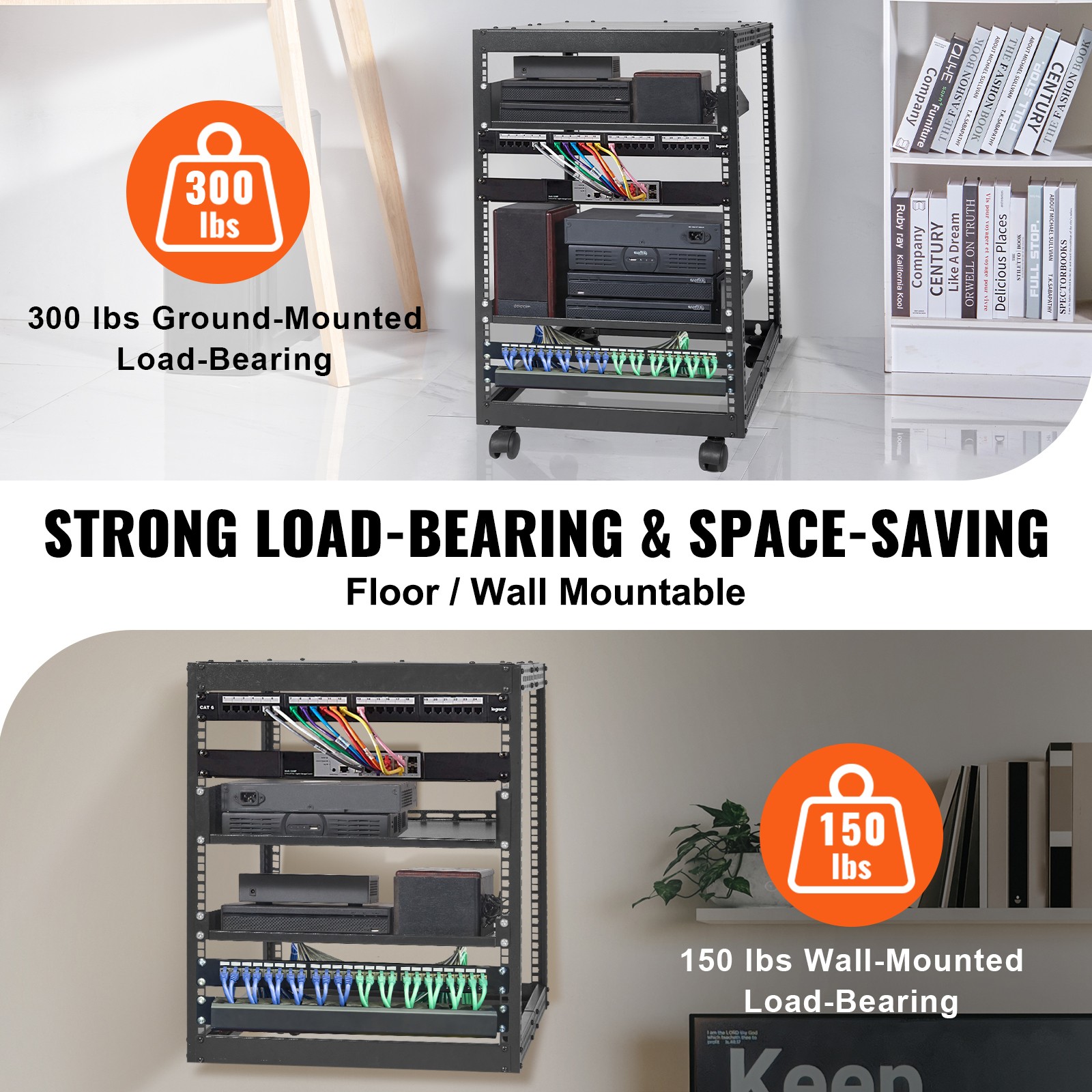 VEVOR 15U 4 Post Open Frame Server Rack Network Enclosure 23-40 in Adjustable