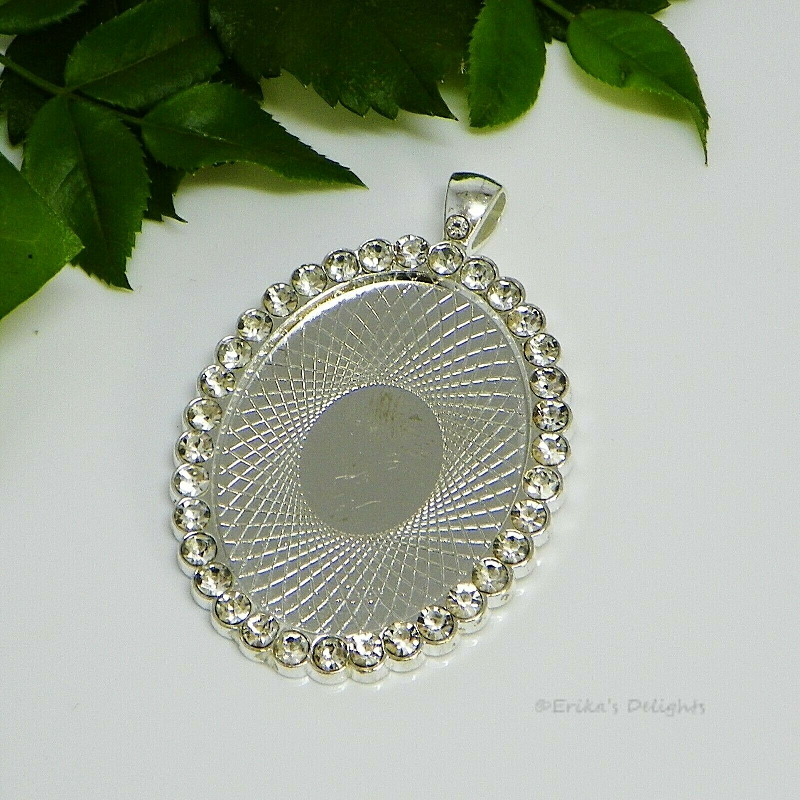 40x30 Oval w/  Rhinestones Silver Plated Cabochon (Cab) Pendant Setting