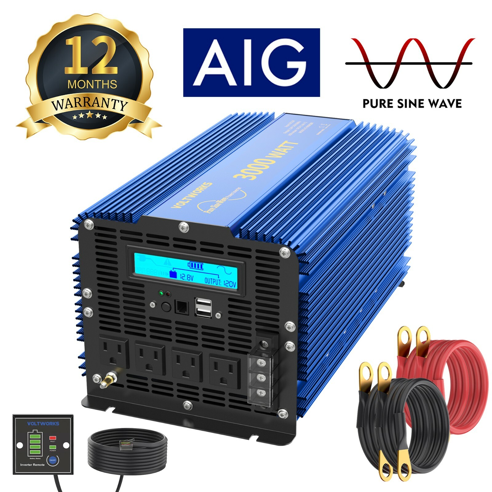 Pure Sine Wave Power Inverter 3000W/6000W 12V DC to 110V~120V AC USA Transistors