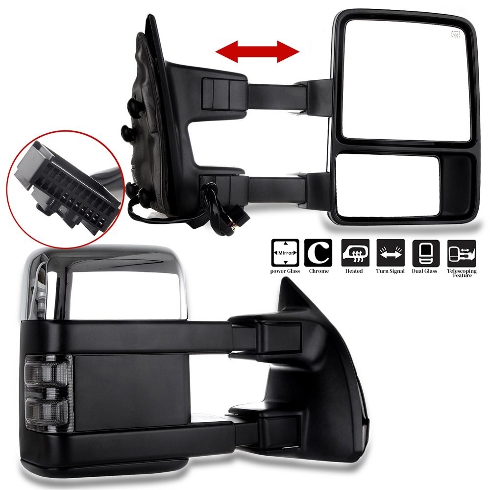 Pair Chrome Tow Mirrors For 08-16 F250-550 Super Duty Power Heated Turn Signal