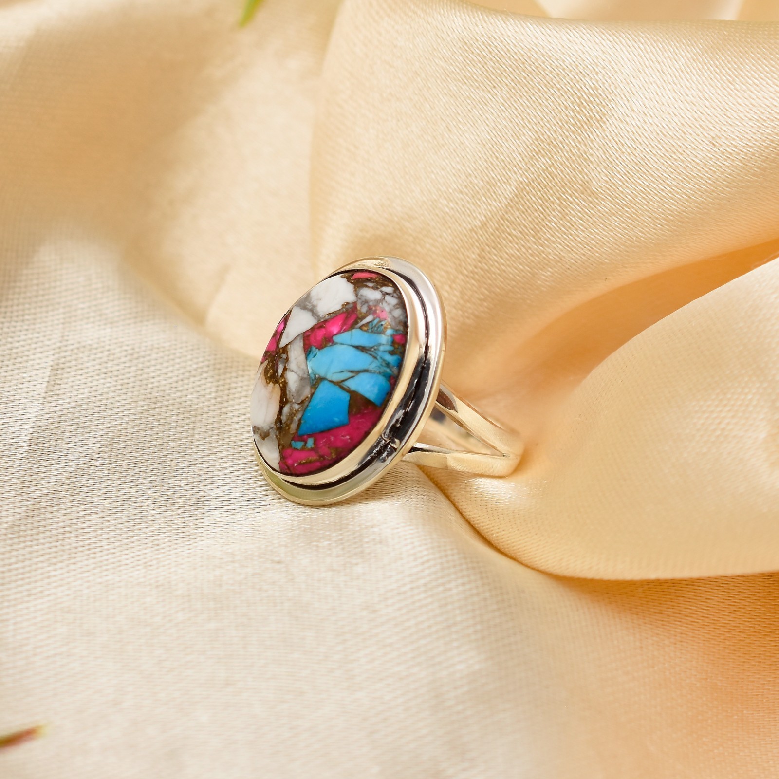 Solid-925 Sterling Silver Beautiful Gemstone Cotton Candy Turquoise Women Ring