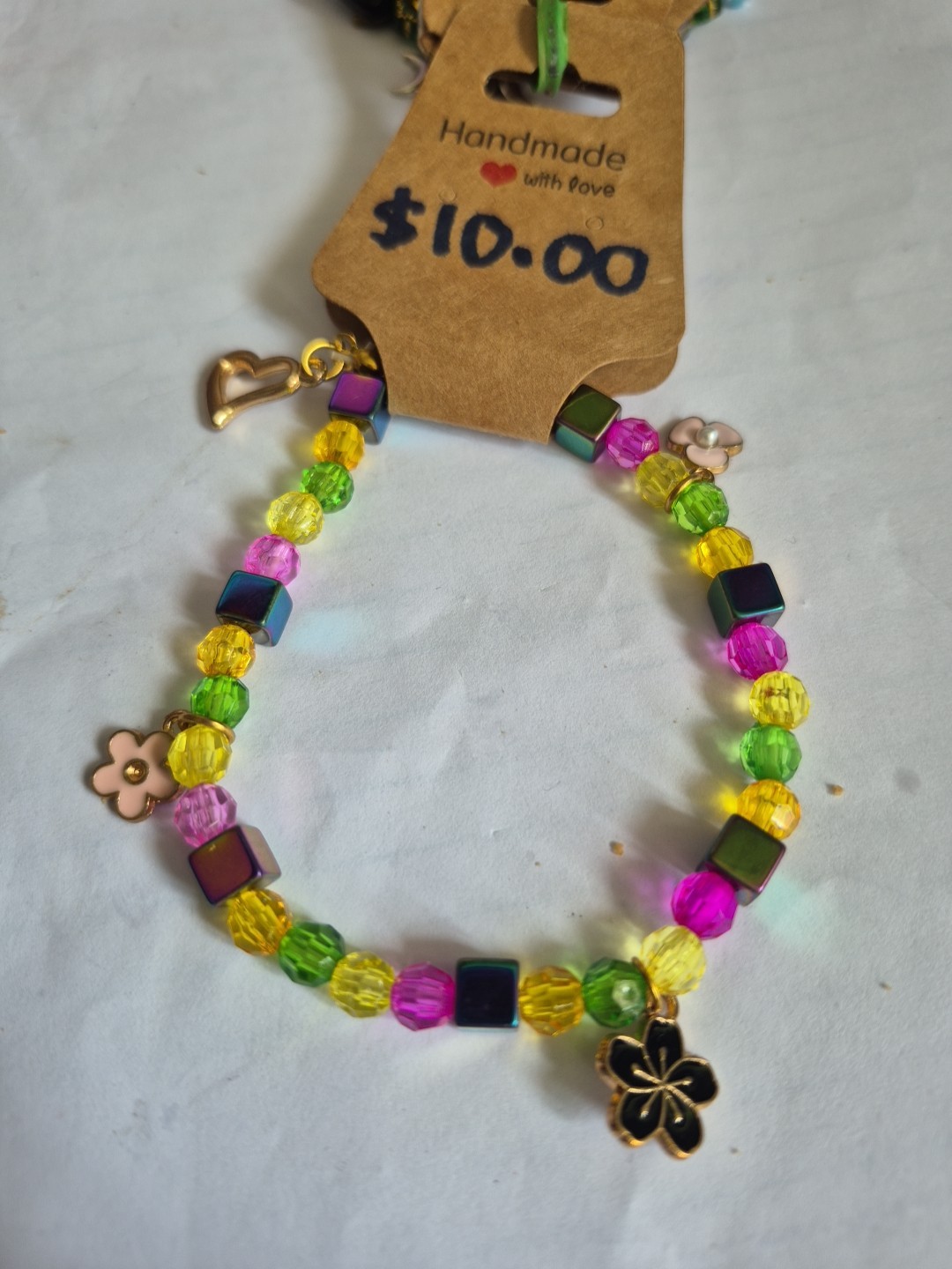 Beaded Square Titanium Oilsliclk Floral and Heart Bracelet Handmade In USA New