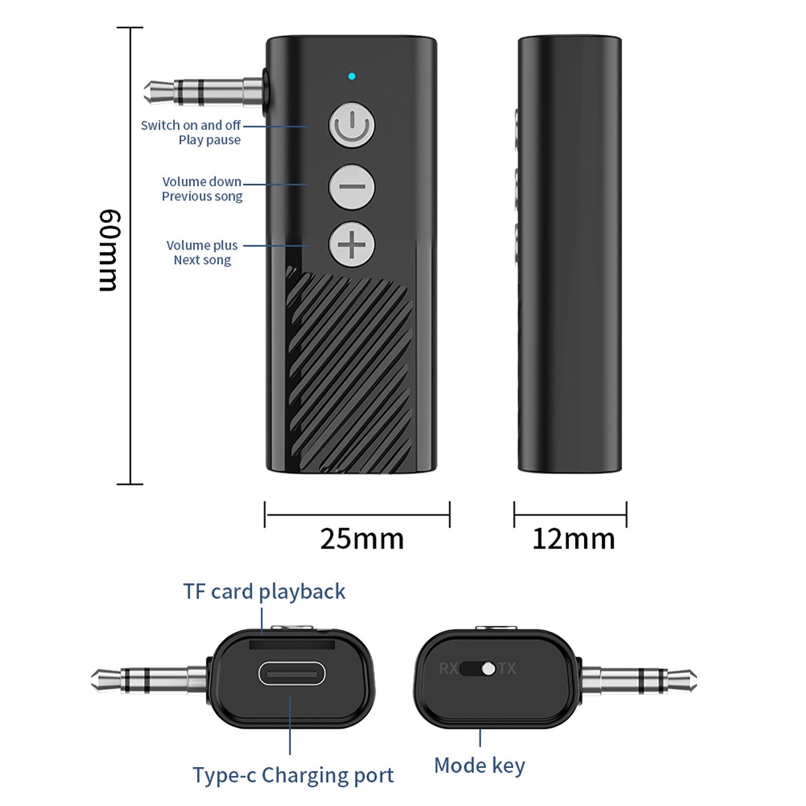 3-in-1 Wireless Bluetooth 5.3 Transmitter Receiver Adapter Audio ABS Black