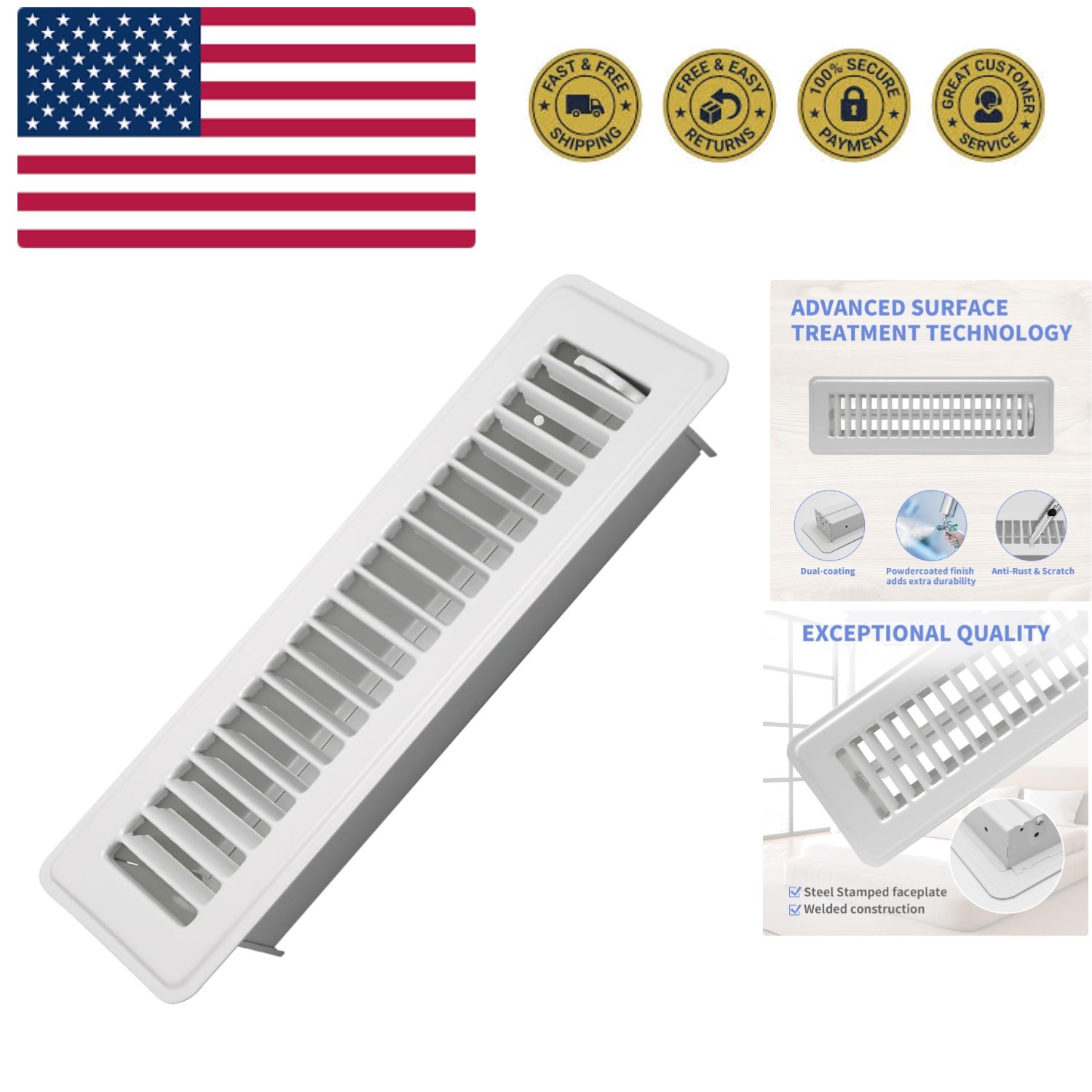 2" x 10" Floor Register - Heavy Duty Steel Walkable Floor Vents - Easy Adjust...