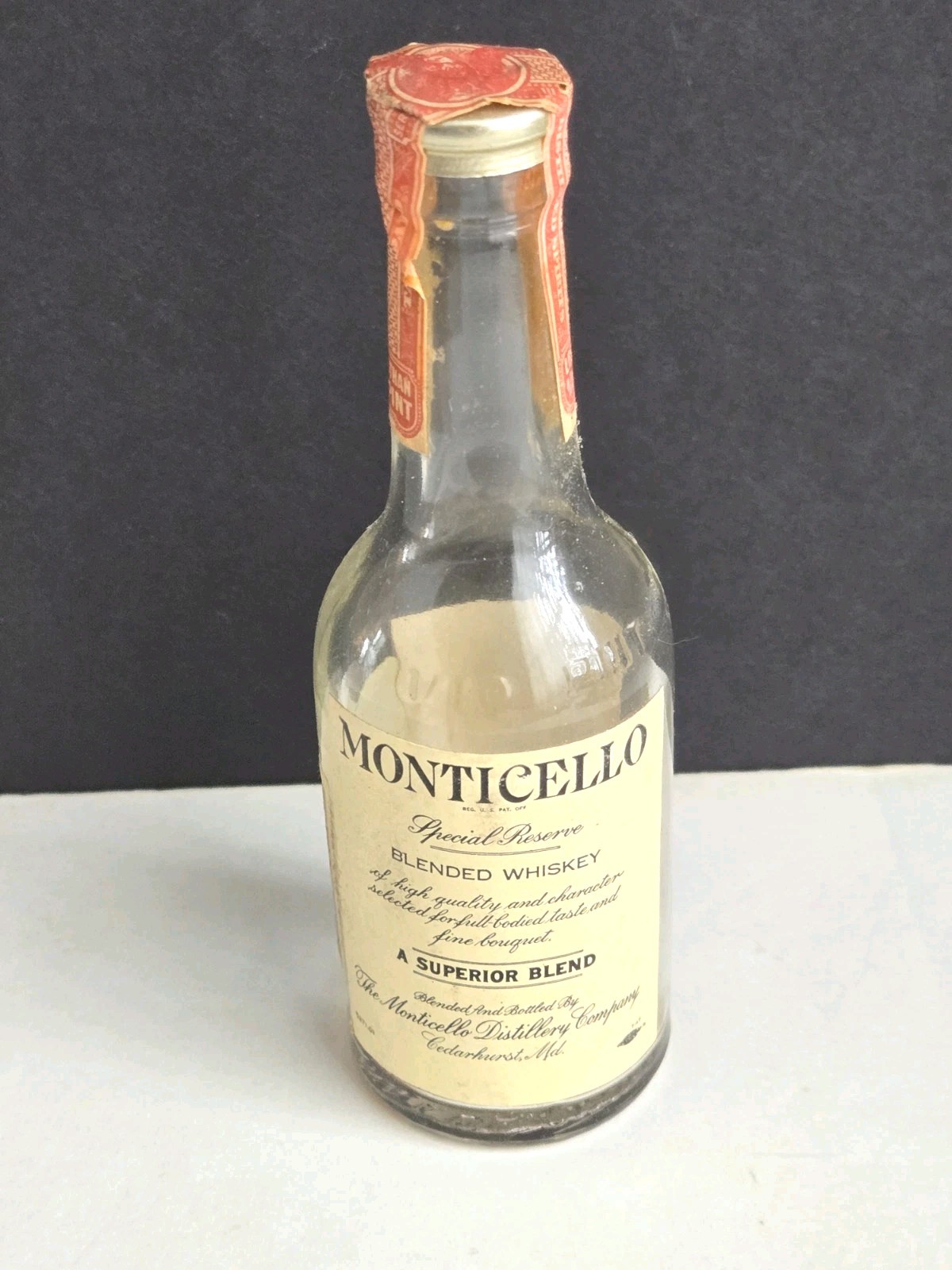 RARE 1940's Monticello Miniature Mini Whiskey Empty Glass Bottle Tax Stamp