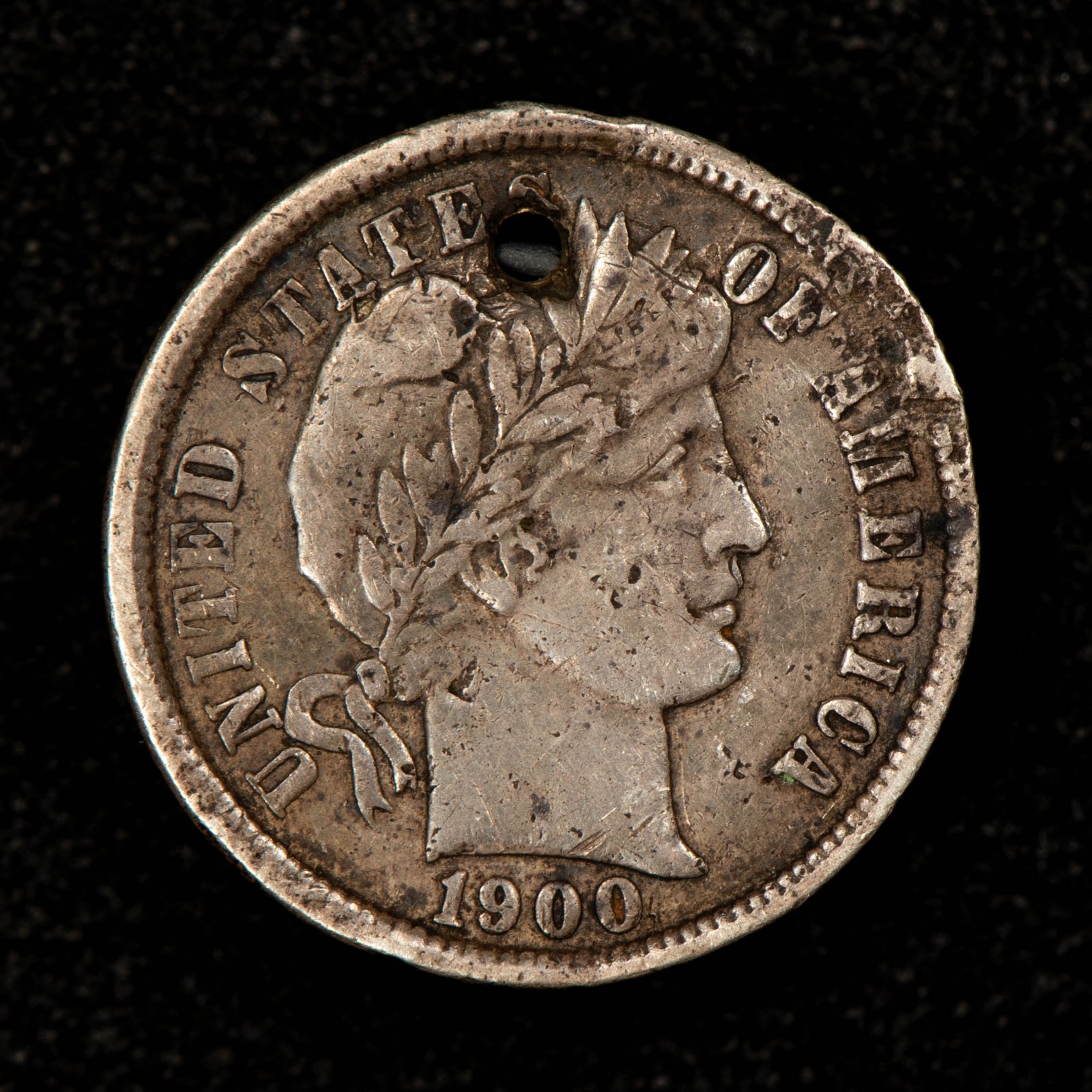 Love Token Initial Script on 1900 Silver Barber Dime Host Coin - SKU-Z6552