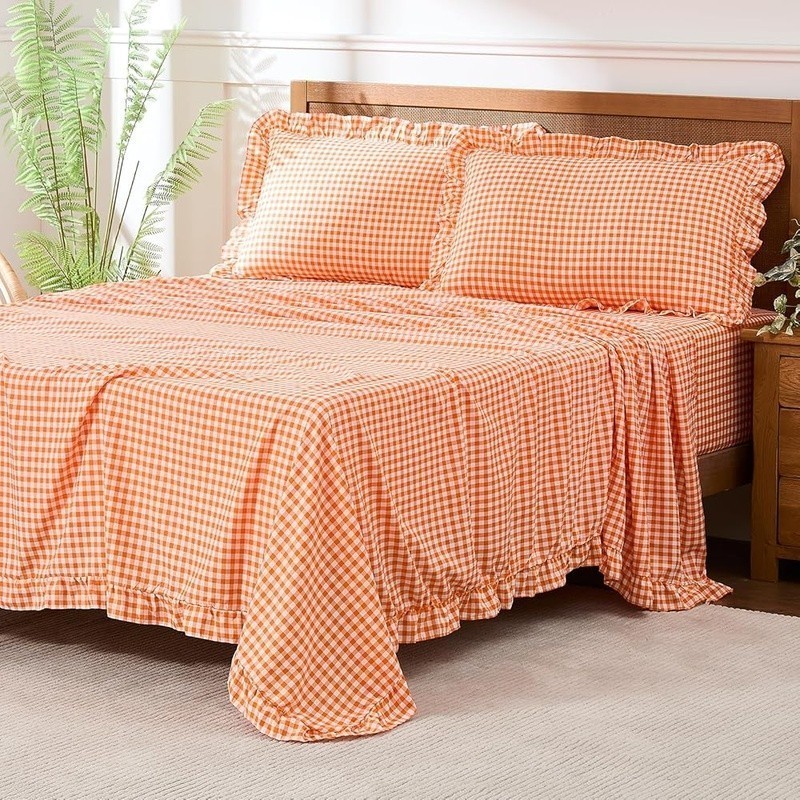 Gingham Ruffle Microfiber Full Sheet Set Deep Pocket Wrinkle Resistant Bedding