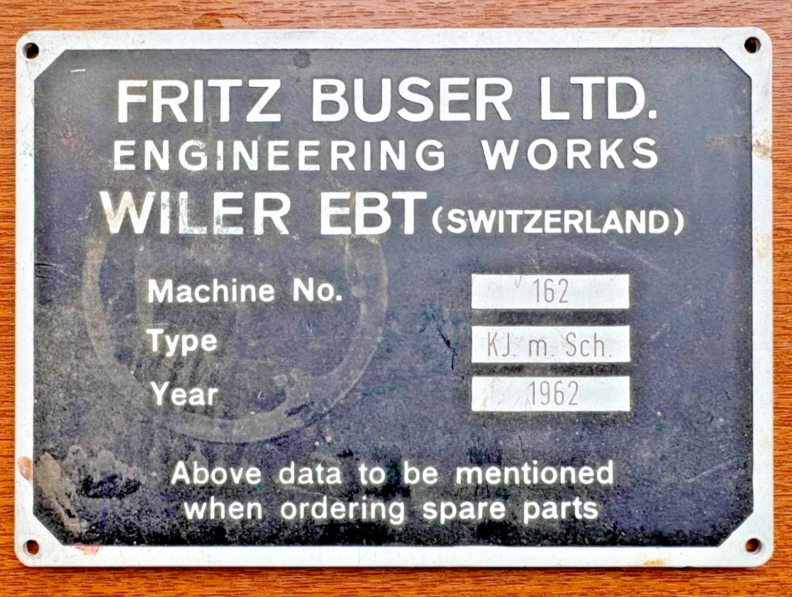 Fritz Buser Ltd Engineering Works Switzerland 1962 Industrial Machine Plate