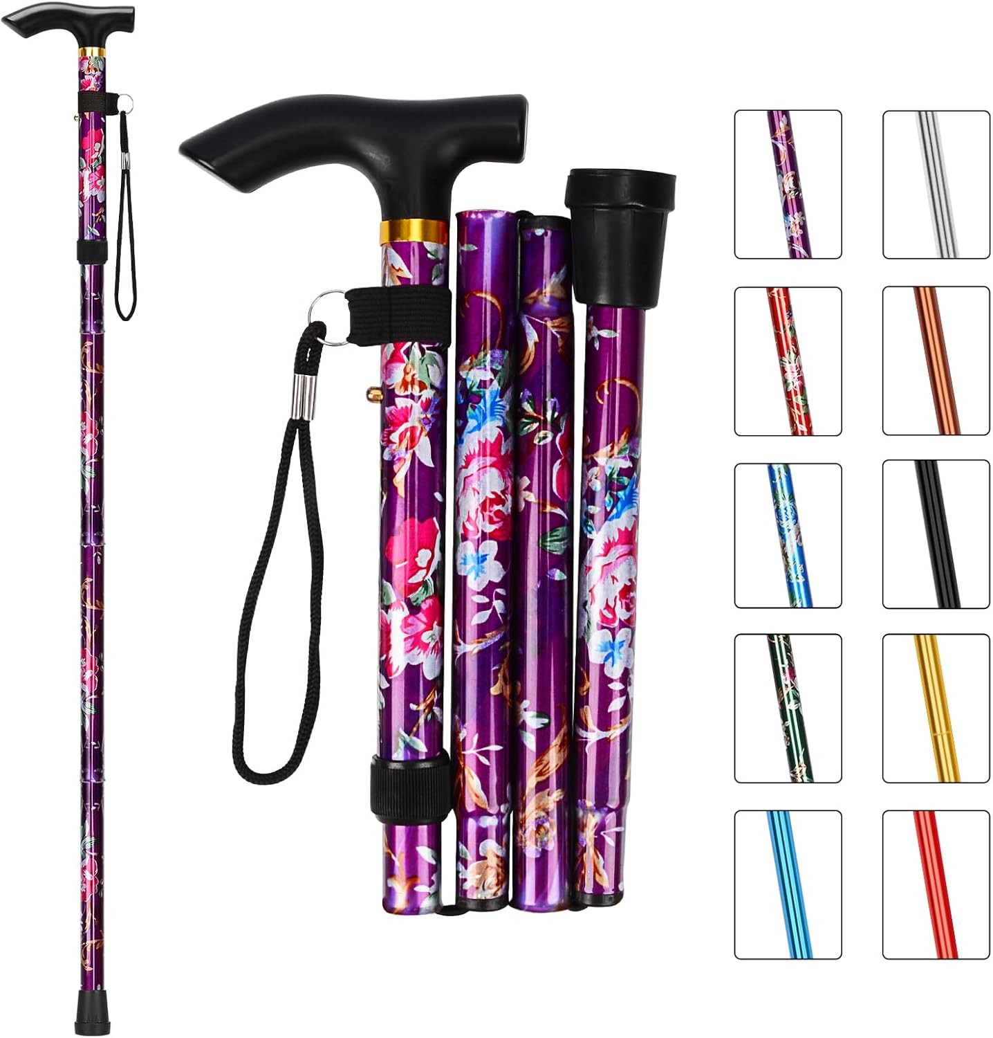 Folding Cane, Portable 5-Level Adjustable Height Walking Stick with Foldable Des
