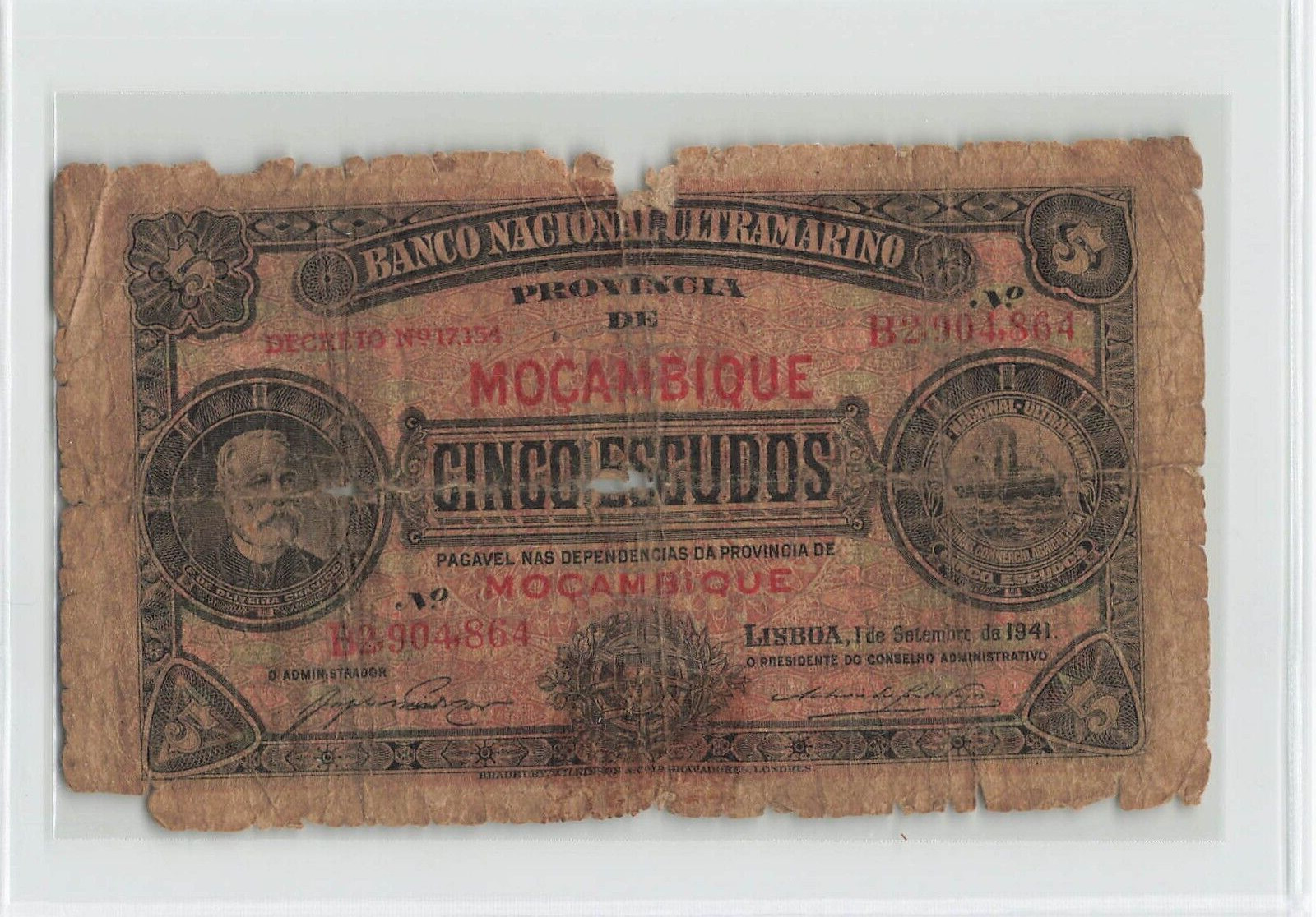 MOZAMBIQUE 5 Escudos 1941, P-83, Low Grade Circulated Colonial Banknote