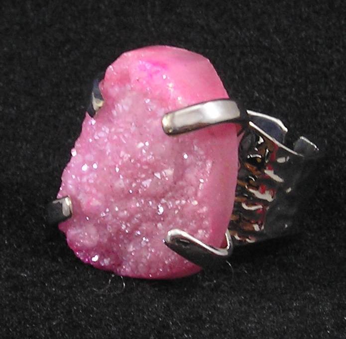 Bright Pink Coated Druzy Agate Nuggety Large Finger Ring Adjustable