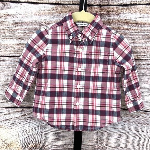 Janie and Jack Pink and Grey Plaid Button up Long Sleeve Shirt Size 6-12 Months