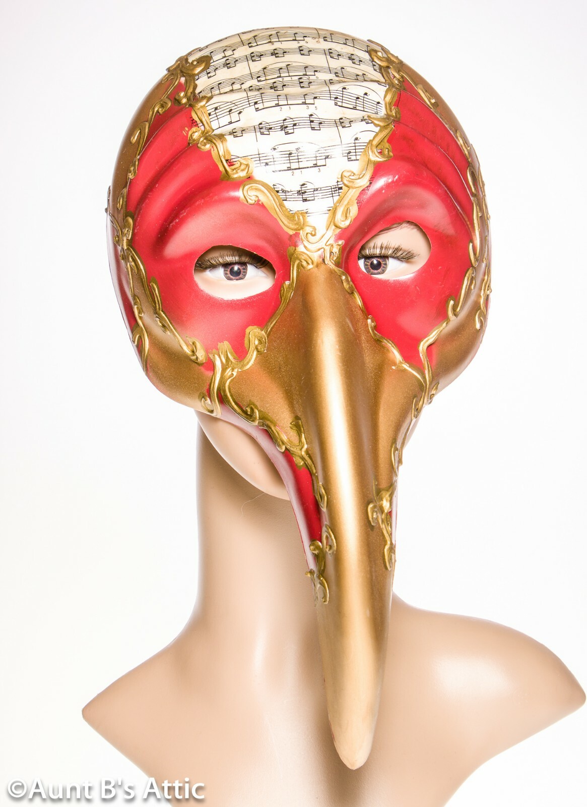 Mardi Gras Mask Gold/Red "Beak" Face Venetian Painted Plastic Mask W/ Elastic