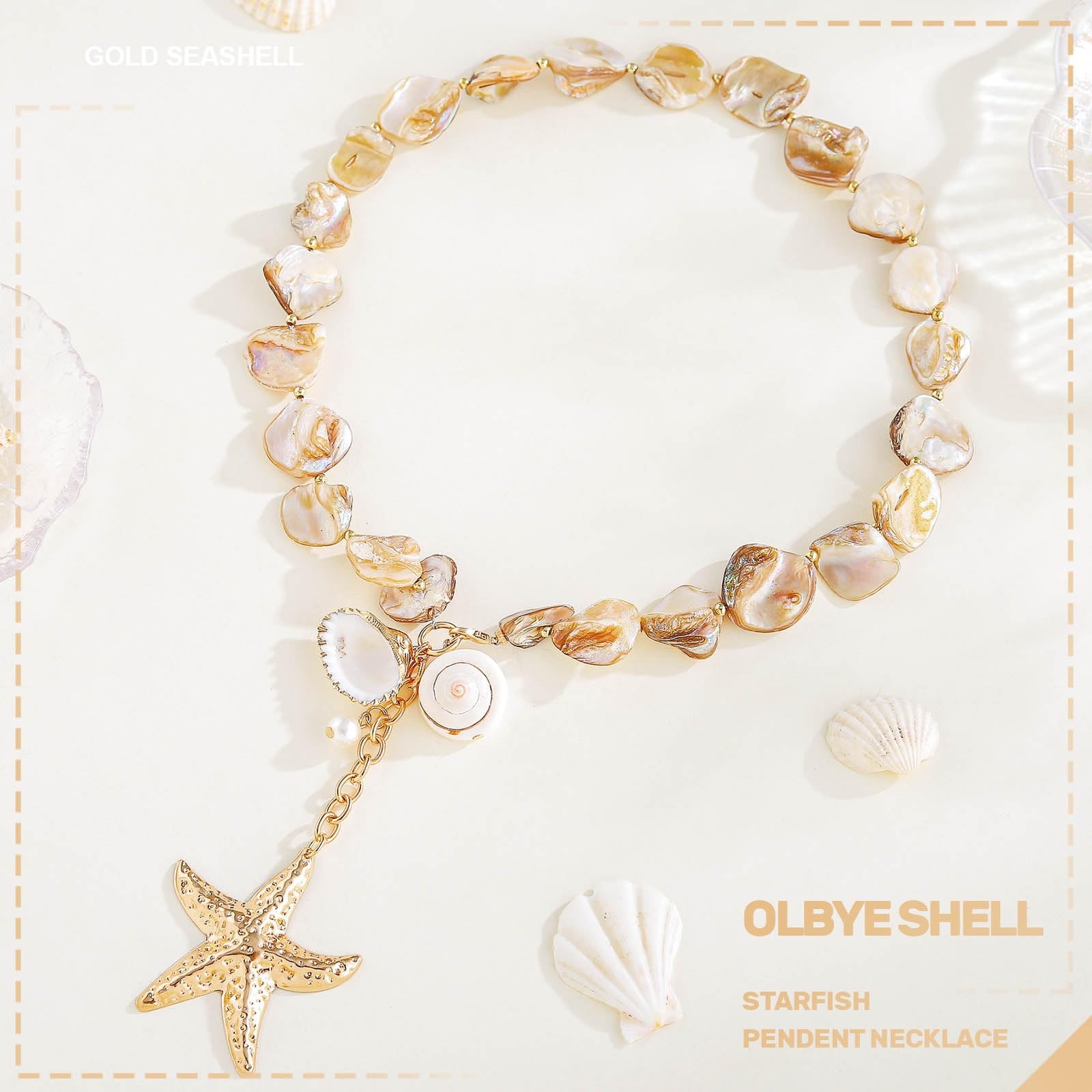 Olbye Starfish Shell Necklace Gold Seashell Pendent Adjustable, Nature