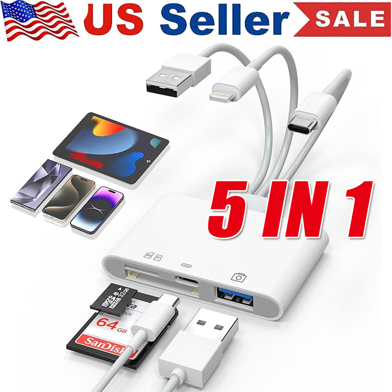 5 in 1 Memory Card Reader USB 3.0 OTG Adapter SD Card Reader For iPhone/iPad LOT