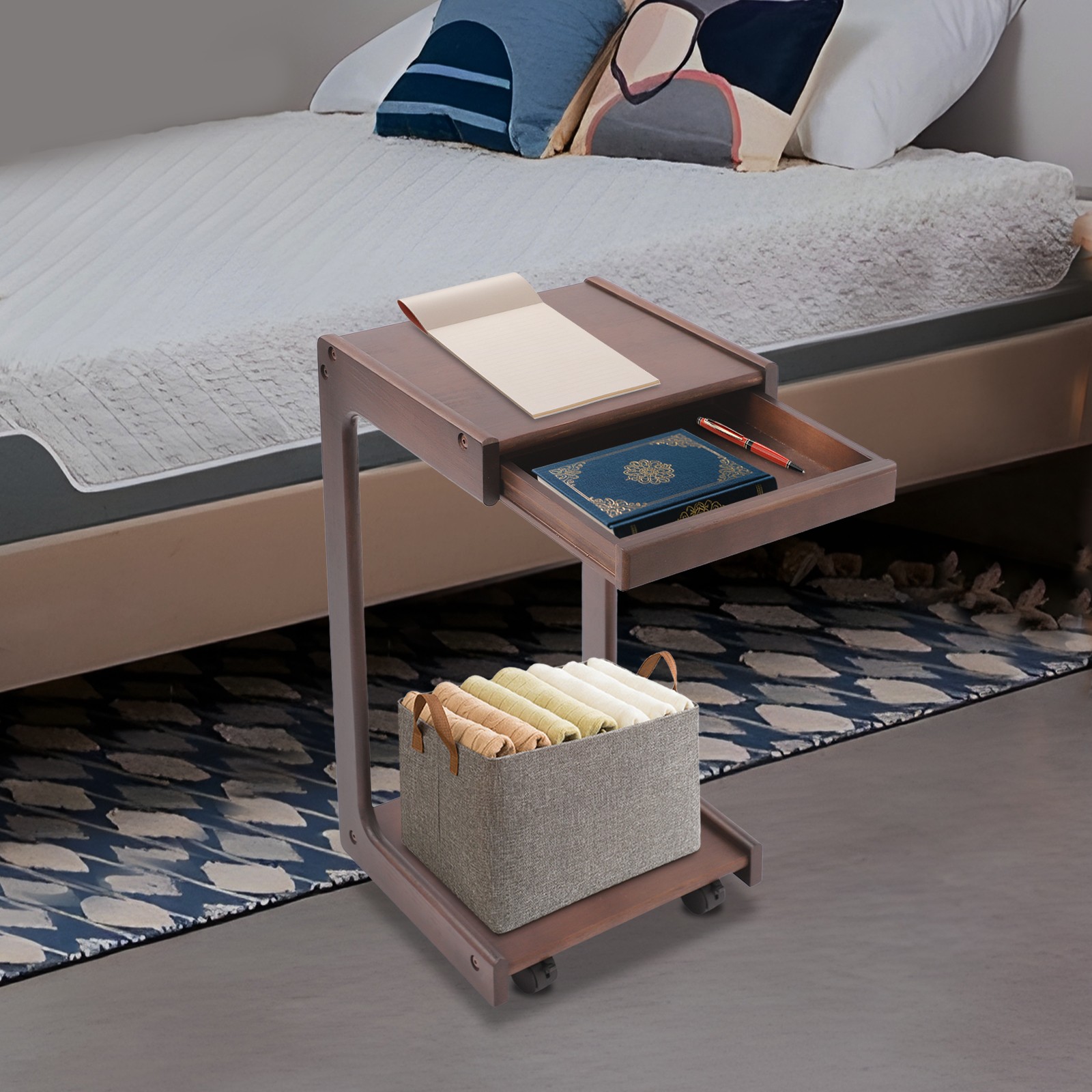 2-tierd Solid Wood Bedside C-shaped Side Table W/ Drawer & Lockable Wheels