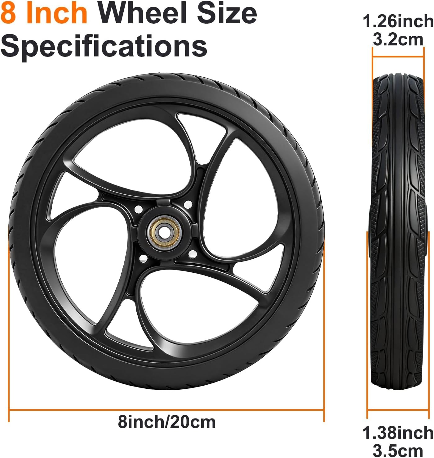 BlessReach 2PCS 8 Inch Walker Wheel, 5/16" (8 mm) Bearing Solid Replacement W...