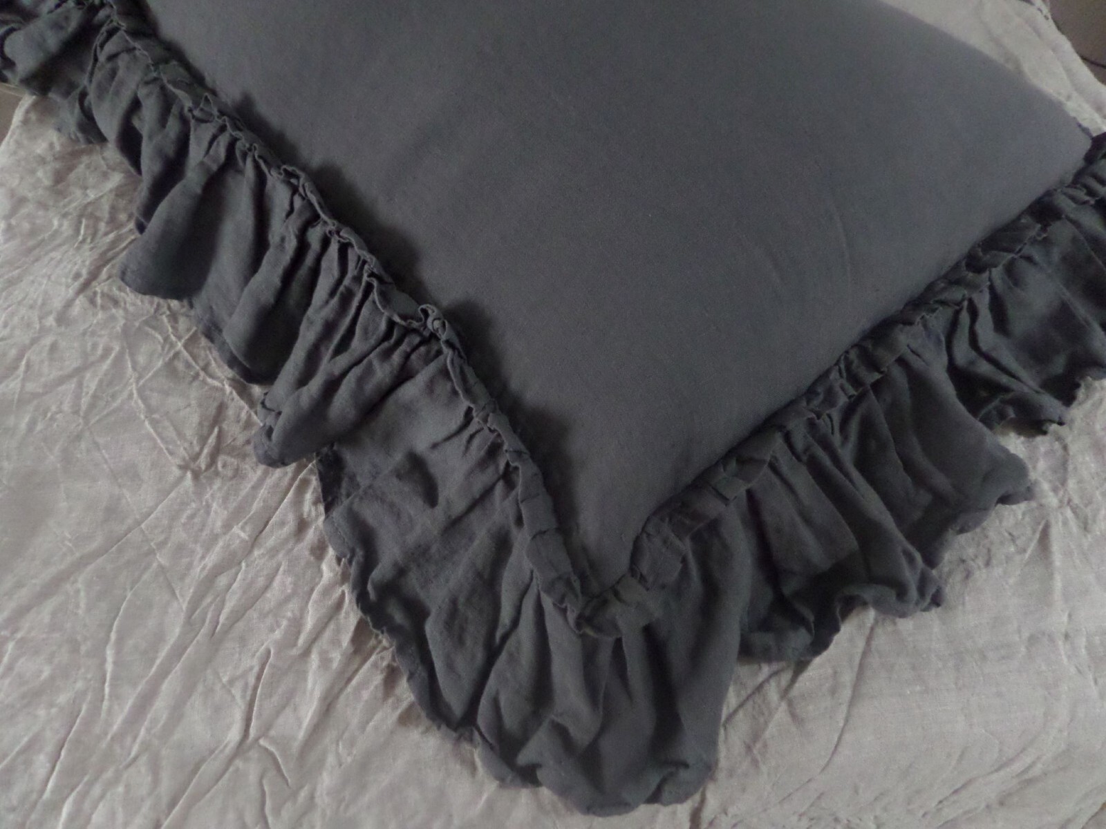 Linen Pillow sham double ruffle around buttons closure natural linen bedding