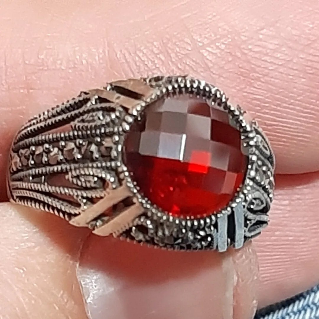 MENS 925 SILVER RING Red Tourmaline Solitaire Ruby Sterling Ring $