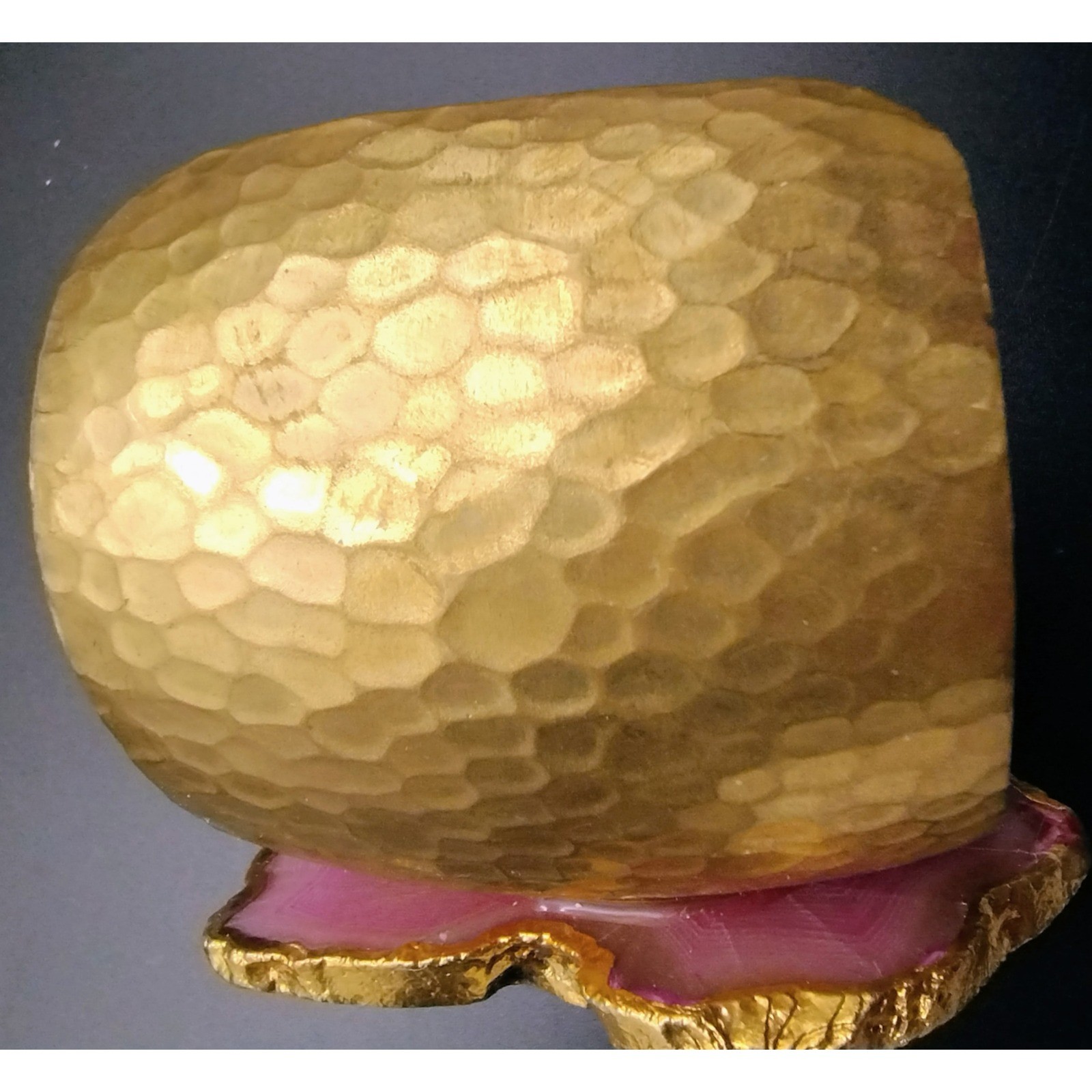 Handcrafted Hammered Goldtone Cuff Bracelet Pink Agate Geode Slice Statement