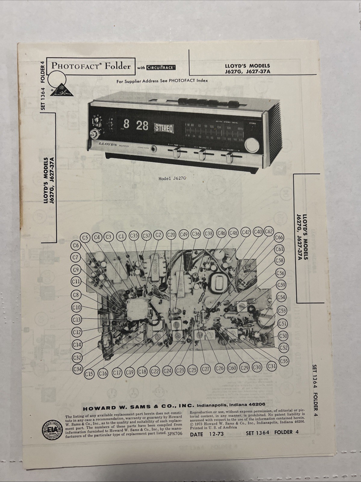 Vintage Sams Photofact Schematic 12-1973 LLOYD’S MODELS J627G, J627-37A