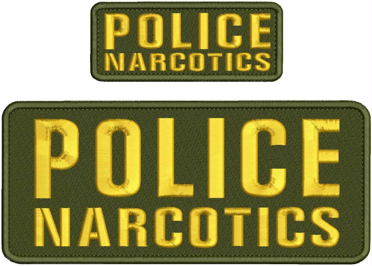 "POLICE NARCOTICS" embroidery patch  4x10 and 2x5 hook on back  gold on od green