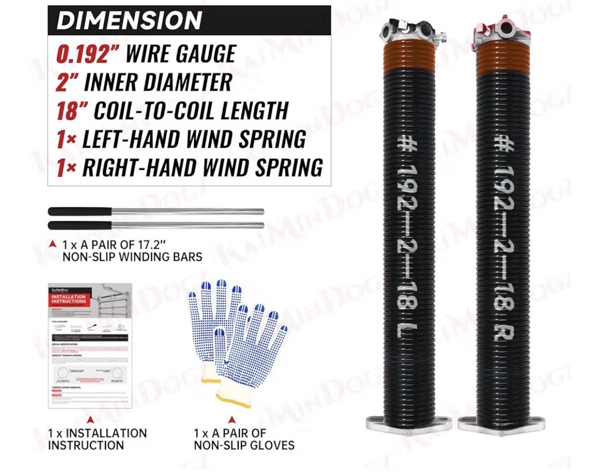 .192 x 2" x 18"  Pair Of Garage Door Torsion Springs With Winding Bars